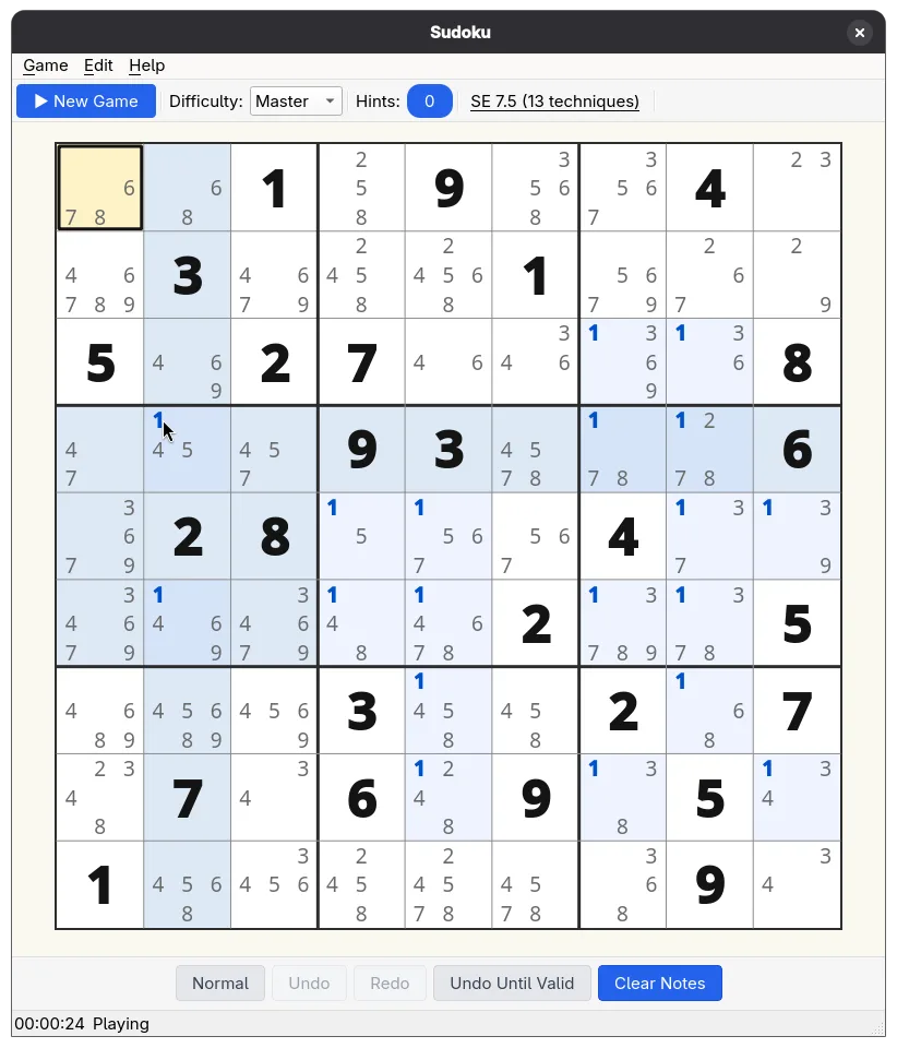 Sudoku C++ board mid-game with pencil-mark candidates and related-cell highlighting.