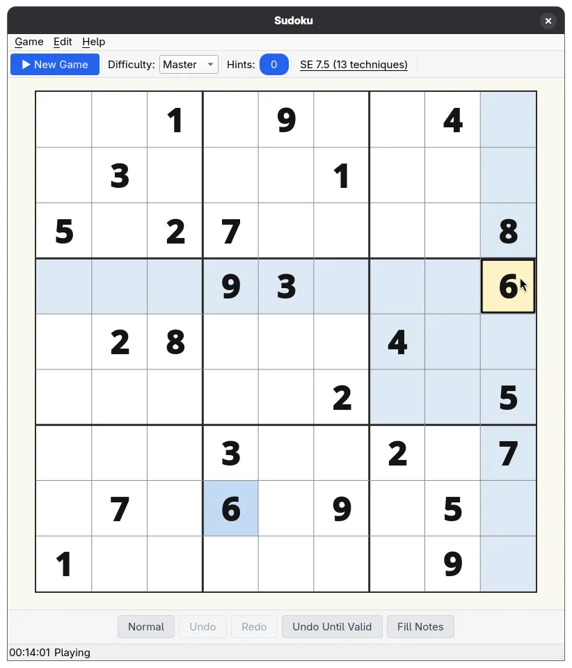 Fresh Master-difficulty sudoku puzzle with row, column, and box highlighting.